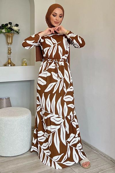 julude Patterned Lycra Hijab Dress - Brown, Waist Belted