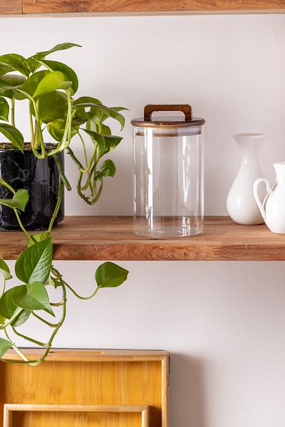 FH finehome 980Ml Pienza Acacia and Glass Storage Container with Lid and Holder