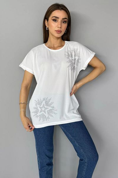 GÜLSELİ Γυναικεία μπλούζα Lycra Cream Crew Neck Stone κεντημένη