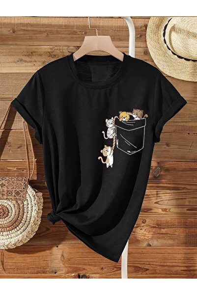 GALASHOP Büyük Bedenler için Cep Kedi kısa kollu yuvarlak yaka Tişört