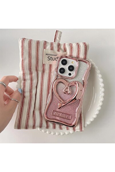 HyperAge iPhone 14 Pro Max Kılıf Kalp Detaylı Katlanabilir Stantlı Çıkarılabi...