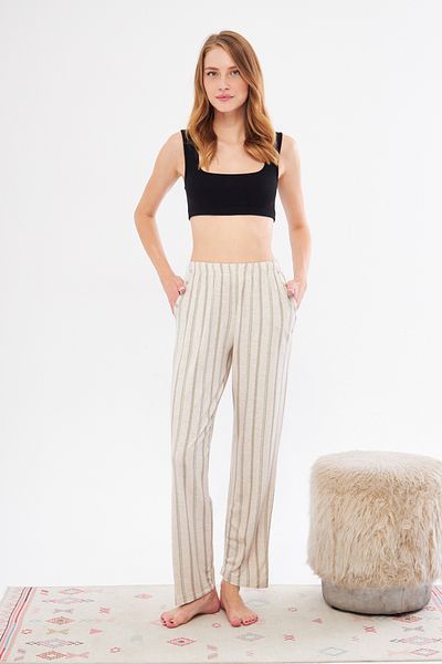 Berrak Ecru Women's Striped Pajama Bottom - 100% Cotton, Thin Summer, Elegant and Stylish