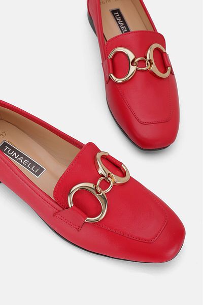 TUNAELLİ Red 34-35-41-42 Number Buckle Natural Leather Women's Ballerinas