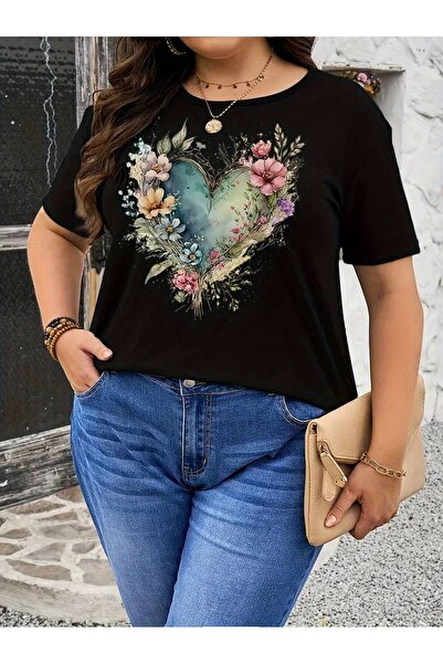 GALASHOP Large Size Heart and Flower Printed T-Shirt