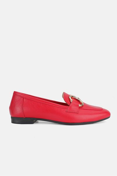 TUNAELLİ Red 34-35-41-42 Number Buckle Natural Leather Women's Ballerinas