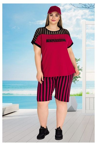 quilling Red Color Large Size Shorts Pajamas Set Lady 10328 Oversize Shorts Pajamas Sets