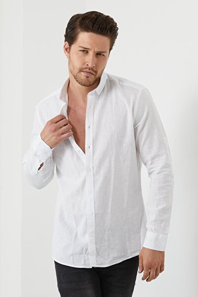 RAVANELLI Beyaz Slim Fit Uzun Kol Keten Gömlek