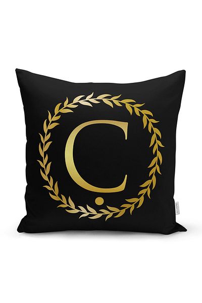 Realhomes Fundal negru, frunze de aur, litera C, design special, husă de pernă cu imprimare digitală