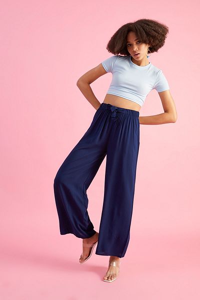 Bukamiss Women's Navy Blue Viscose Woven Trousers