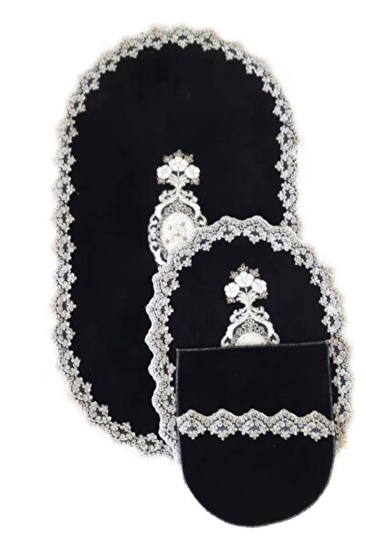 Bonny Home Lisa Siyah 3lü Dantelli Klozet Takımı Çeyizlik Banyo Halısı Paspas...