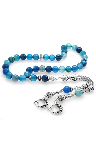 EbruHome مسبحة من حجر العقيق الطبيعي باللون الأزرق والأبيض مزينة بشراشيب على ...