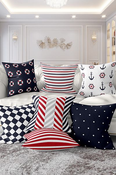 Realhomes Set of 7 Double Sided Striped Sailor Design Digital Printed Throw Pillow Covers