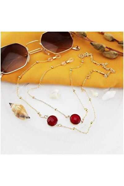 Bijustore Altın Kaplama Kırmızı Akik Doğal Taş Kadın Gözlük Zinciri
