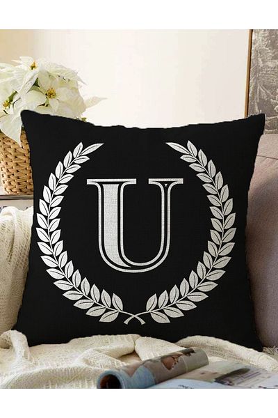 Realhomes Double Sided Black and White Wreathed Letter U Special Design Digital Printed Raschel Pillow Throw Pillow Cover