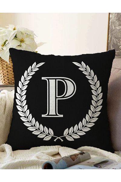 Realhomes Double Sided Black and White Wreathed Letter P Special Design Digital Printed Raschel Pillow Throw Pillow Cover