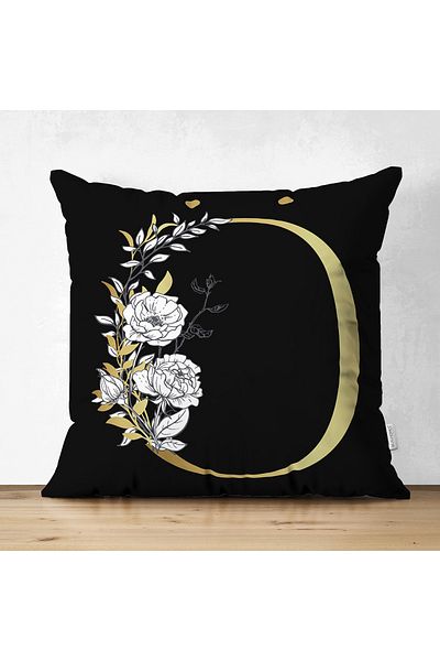 Realhomes Double Sided Black Background White Rose Motif Gold Letter Special Design Suede Pillow Throw Pillow Cover
