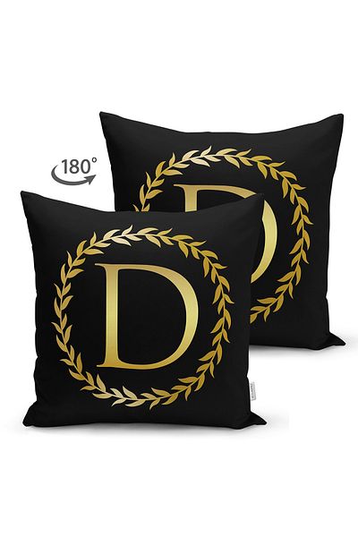 Realhomes Cu două fețe, fundal negru, frunze de aur, cu litera D, design special, husă de pernă modernă din piele întoarsă