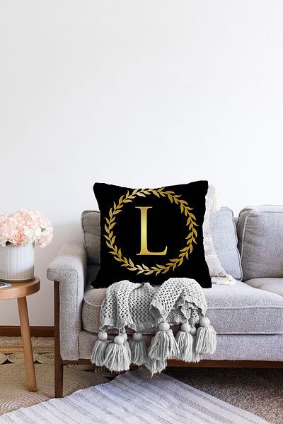 Realhomes Μαξιλαροθήκη ριχτάρι διπλής όψης Μαύρο φόντο με χρυσό φύλλο γράμμα L Ειδικού σχεδιασμού Raschel