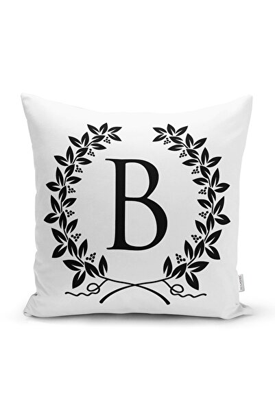 Realhomes Siyah Beyaz Çelenkli B Harfi Özel Tasarım Dijital Baskılı Yastık Kı...