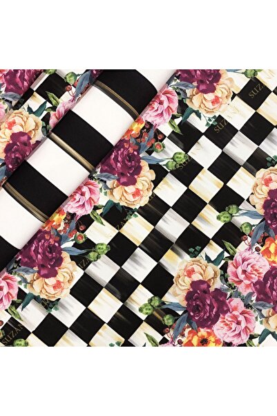 SUZANİ Damalı Mor Çiçekli Dikey Çizgili Kumaş Kms-0922