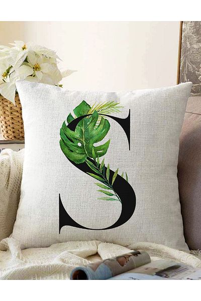 Realhomes Double Sided White Background Leaf Motif Black Letter S Special Design Raschel Knitted Pillow Throw Pillow Cover