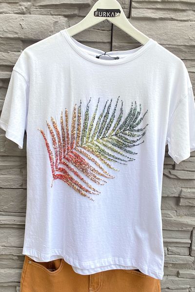 FEMELLE Tricou din bumbac brodat cu paiete, model alb, frunze