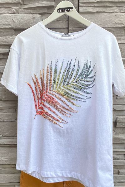 FEMELLE Tricou din bumbac brodat cu paiete, model alb, frunze