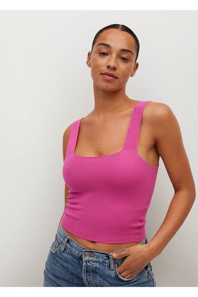 MANGO Woman Tricou scurt din velur fucsia pentru femei