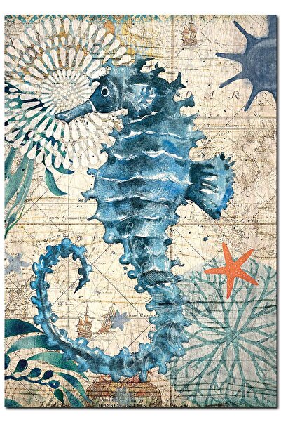 Cakatablo Wooden Painting Map Backgrounded Sea Horse Star Image (35X50 cm Size)