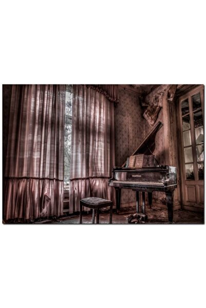 Cakatablo Ahşap Tablo Eski Piyano Ve Kapalı Perdeler (25x35 Cm Boyut)