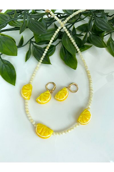 Neta Women's Natural Mother of Pearl Stone Bead Lemon Necklace Earring Set