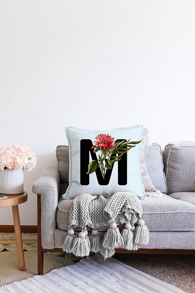 Realhomes Față cu două fețe, podea albastră, cu model de flori, literă neagră M, design special, husă de pernă tricotată Raschel