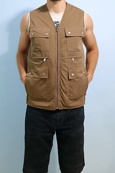 FASHION Fashion Multi Pocket Cotton Linen Hunter Vest Khaki Green Color