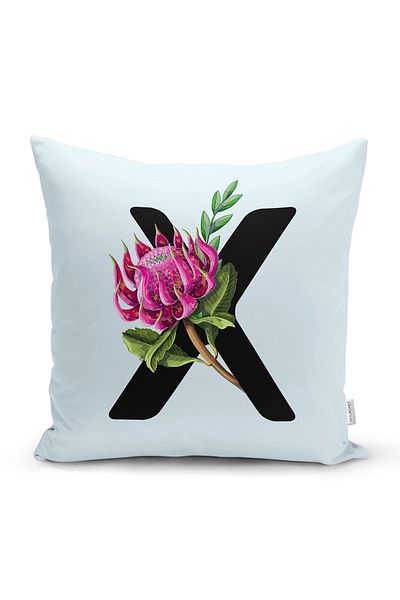 Realhomes Μπλε φόντο Floral μοτίβο Μαύρο γράμμα X Προσαρμοσμένο σχέδιο Ψηφιακή τυπωμένη μαξιλαροθήκη ριχτάρι