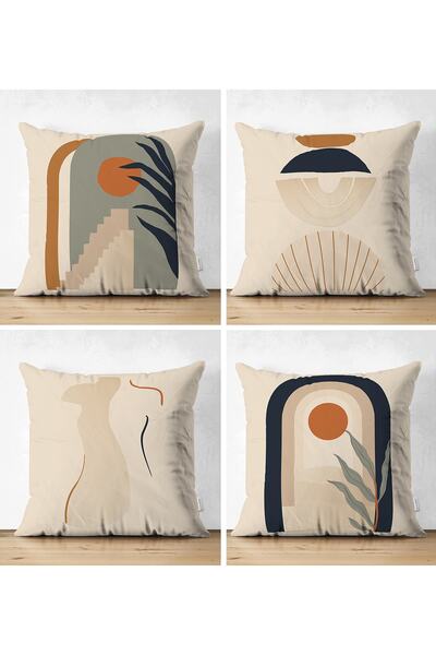 Realhomes 4'lü Çift Taraflı Vizon Zeminli Etnik Çizimli Dijital Baskılı Moder...