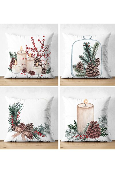 Realhomes 4'lü Mum & Şamdan Özel Motifli Dijital Baskılı Modern Kırlent Kılıf...