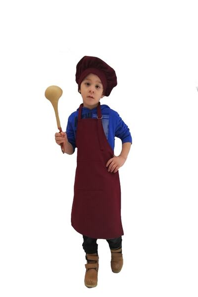 Mezuniyetshop مريلة مطبخ للأطفال باللون العنابي مع قبعة