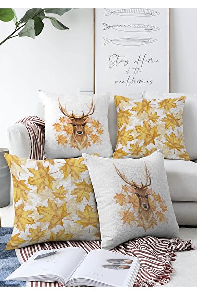 Realhomes طقم غطاء وسادة رمي راشيل حديث مكون من 4 قطع بتصميم أوراق الخريف والغزلان الجافة على الوجهين