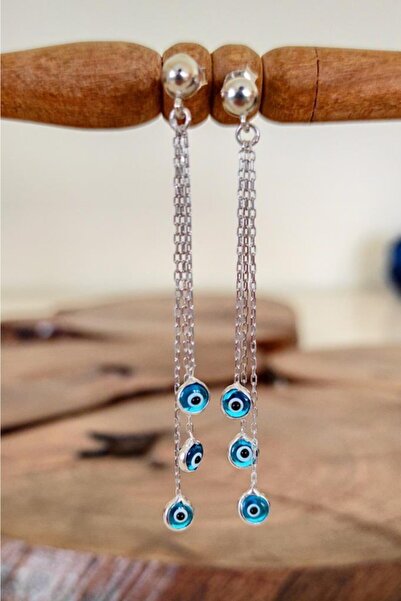 Aykat Nazar Boncuklu Gümüş Küpe Zincirli Nazarlıklı Kadın Küpesi Kupe-404