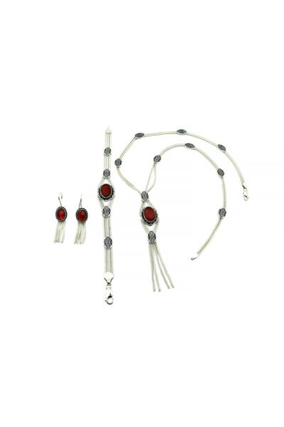 Aykat Akik Taşlı Midyat Hasırı 925 Ayar Gümüş Takım Kadın Kolye Bileklik Küpe Set Tkm-201