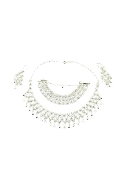 Aykat Üç Sıralı Kişniş Akıtma El Yapımı Telkari Gümüş Takım Kolye Bileklik Küpe Seti Tkm-223