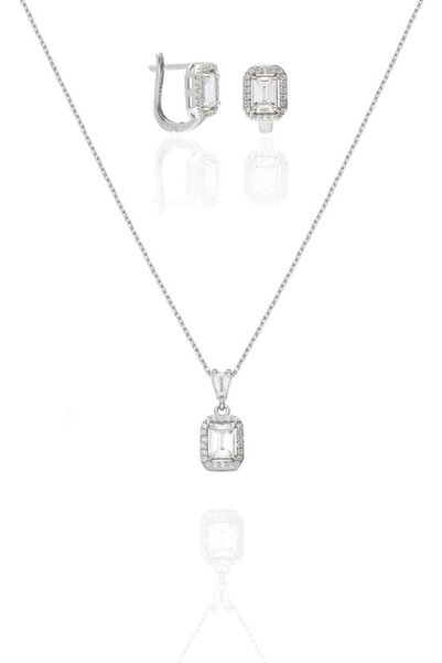 Aykat Baget Taşlı Gümüş Set Kadın Klipsli Küpe Ve Kolye Ucu Set-381