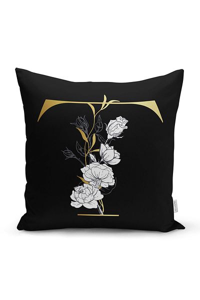 Realhomes Fundal negru Motiv trandafir alb Litera aurie T Design special Husa de perna cu imprimare digitala