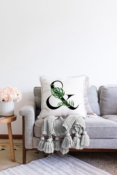 Realhomes Husă de pernă cu design negru și litere, cu motiv alb cu frunze