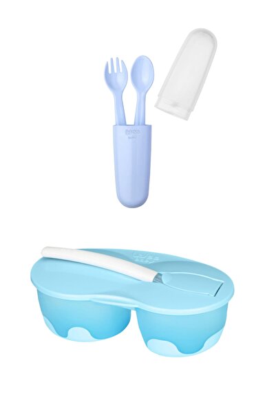 Wee Baby 2 Hazneli Mama Kabı + Saklama Kutulu Çatal Kaşık Seti - Mavi