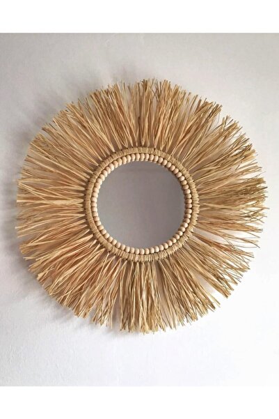 WoodDa Dekoratif Aynalı Rafya Duvar Süsü Bohemian Style Boncuk Detaylı Ayna 4...