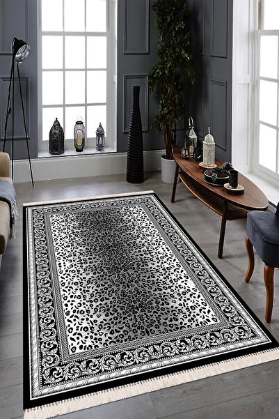 Modern home Leopar Desenli Çerçeve Detaylı Püsküllü Dijital Baskı Kaymaz Taba...