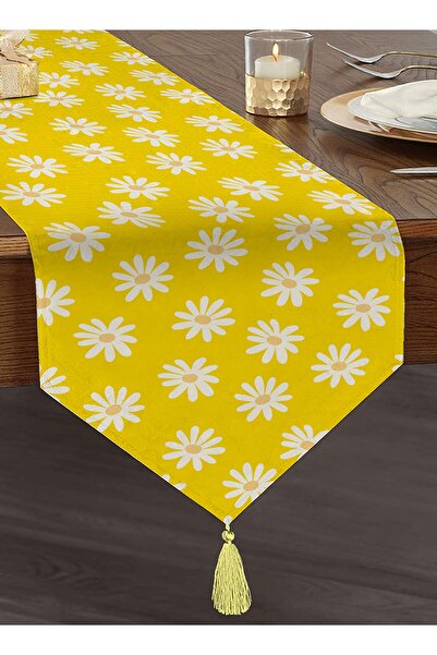 Realhomes خلفية صفراء بنمط ديزي مطبوعة رقمية مزخرفة بشراشيب من الشنيل المثلث