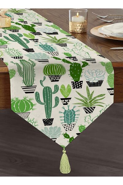 Realhomes تصميم مخصص مطبوع رقميًا بنمط الصبار الأخضر على خلفية بيضاء من الشني...