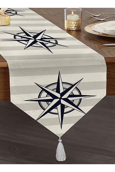 Realhomes Ψηφιακή τυπωμένη γκρι λευκή φούντα Triangle Runner - Μοτίβο πυξίδας στο πάτωμα